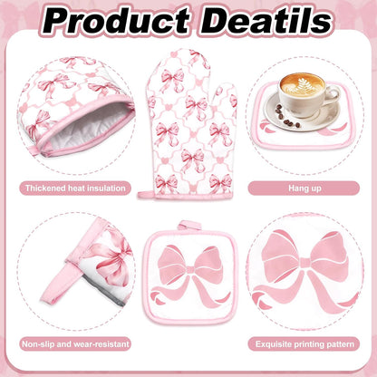 10Pcs Pink Bow Kitchen Dish Towels Rugs Oven Mitts and Pot Holders Set Farmhouse Kitchen Decor Set for Women Mom Daughter Gift Cooking Baking Home Housewarming Party Favors Supplies