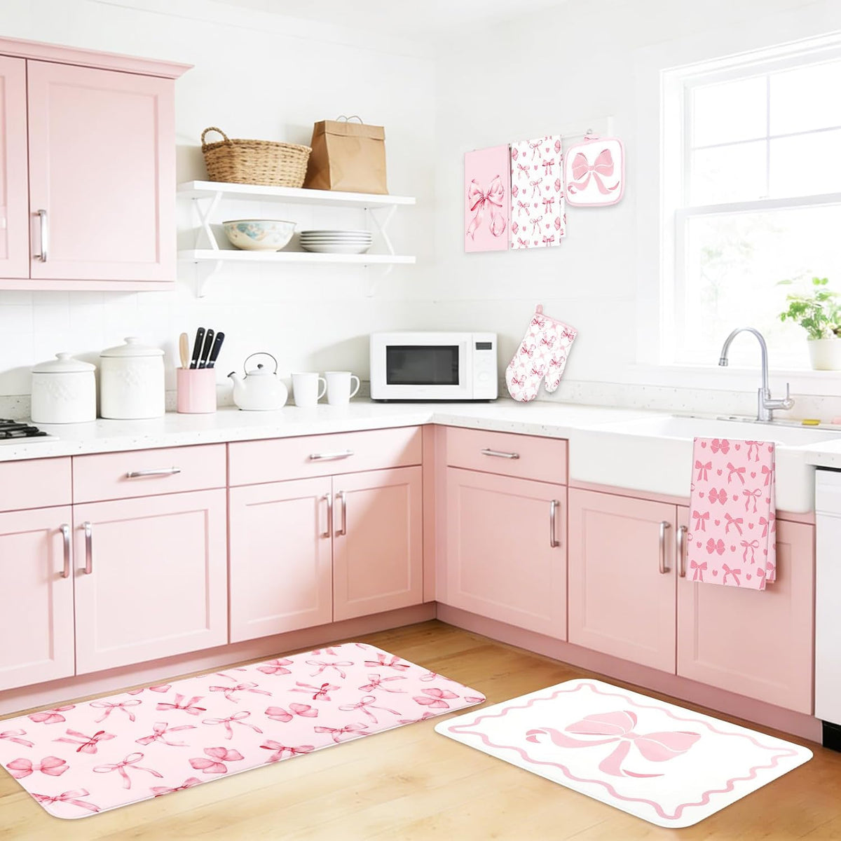 10Pcs Pink Bow Kitchen Dish Towels Rugs Oven Mitts and Pot Holders Set Farmhouse Kitchen Decor Set for Women Mom Daughter Gift Cooking Baking Home Housewarming Party Favors Supplies