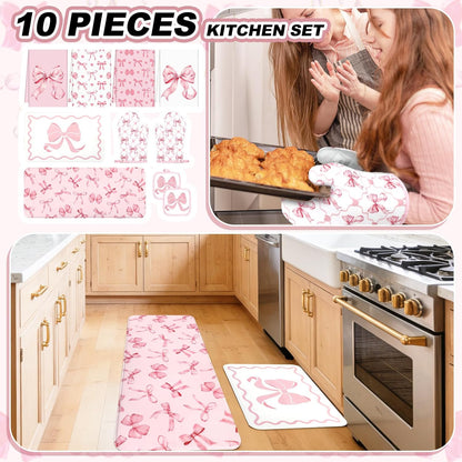10Pcs Pink Bow Kitchen Dish Towels Rugs Oven Mitts and Pot Holders Set Farmhouse Kitchen Decor Set for Women Mom Daughter Gift Cooking Baking Home Housewarming Party Favors Supplies