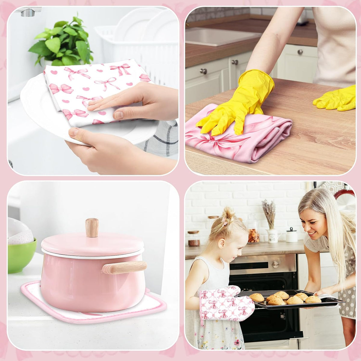 10Pcs Pink Bow Kitchen Dish Towels Rugs Oven Mitts and Pot Holders Set Farmhouse Kitchen Decor Set for Women Mom Daughter Gift Cooking Baking Home Housewarming Party Favors Supplies