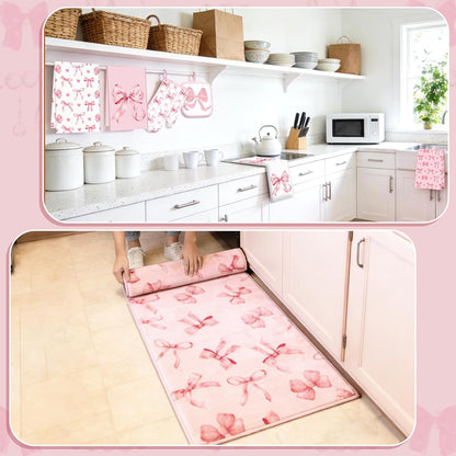 10Pcs Pink Bow Kitchen Dish Towels Rugs Oven Mitts and Pot Holders Set Farmhouse Kitchen Decor Set for Women Mom Daughter Gift Cooking Baking Home Housewarming Party Favors Supplies