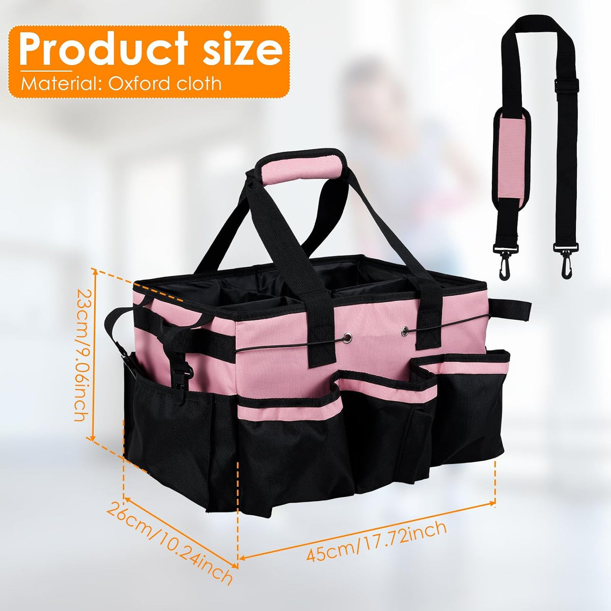 Wearable Cleaning Caddy Bag, Organizer Tote for Cleaning Supplies with Handle & Shoulder Straps, Built-in Sturdy Support Board, Under Sink & Car Cleaning Tool Organizers Bag for Housekeeper (Pink)