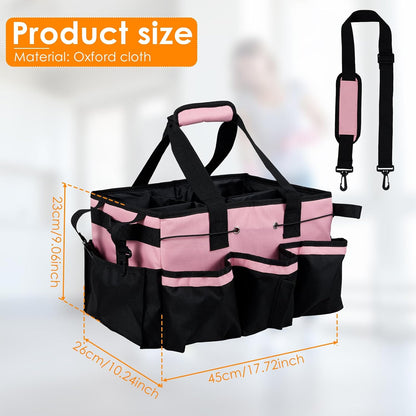 Wearable Cleaning Caddy Bag, Organizer Tote for Cleaning Supplies with Handle & Shoulder Straps, Built-in Sturdy Support Board, Under Sink & Car Cleaning Tool Organizers Bag for Housekeeper (Pink)