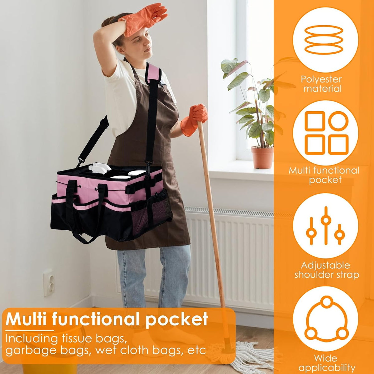 Wearable Cleaning Caddy Bag, Organizer Tote for Cleaning Supplies with Handle & Shoulder Straps, Built-in Sturdy Support Board, Under Sink & Car Cleaning Tool Organizers Bag for Housekeeper (Pink)