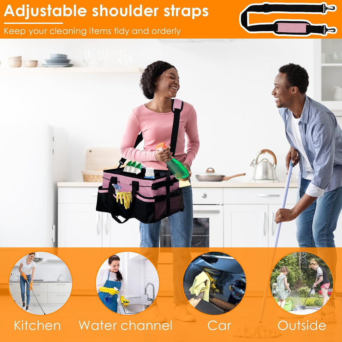 Wearable Cleaning Caddy Bag, Organizer Tote for Cleaning Supplies with Handle & Shoulder Straps, Built-in Sturdy Support Board, Under Sink & Car Cleaning Tool Organizers Bag for Housekeeper (Pink)