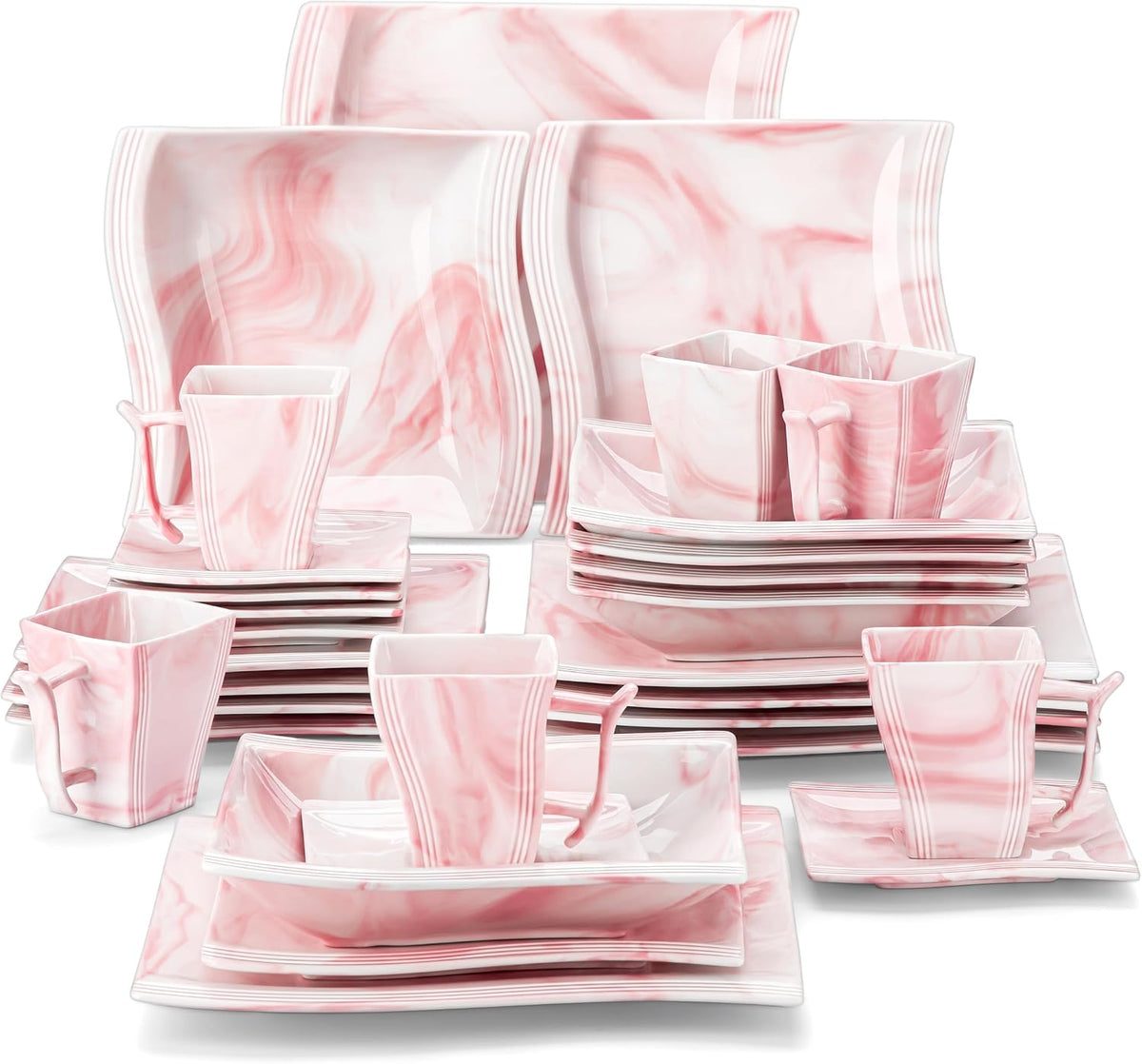 Dinnerware Sets, 30-Piece Pink Plates and Bowls Sets for 6, Porcelain Dinnerware Set with Plates and Bowls, Cups and Sacuers, Square Dish Set, Modern Dining Ware Set, Series Flora