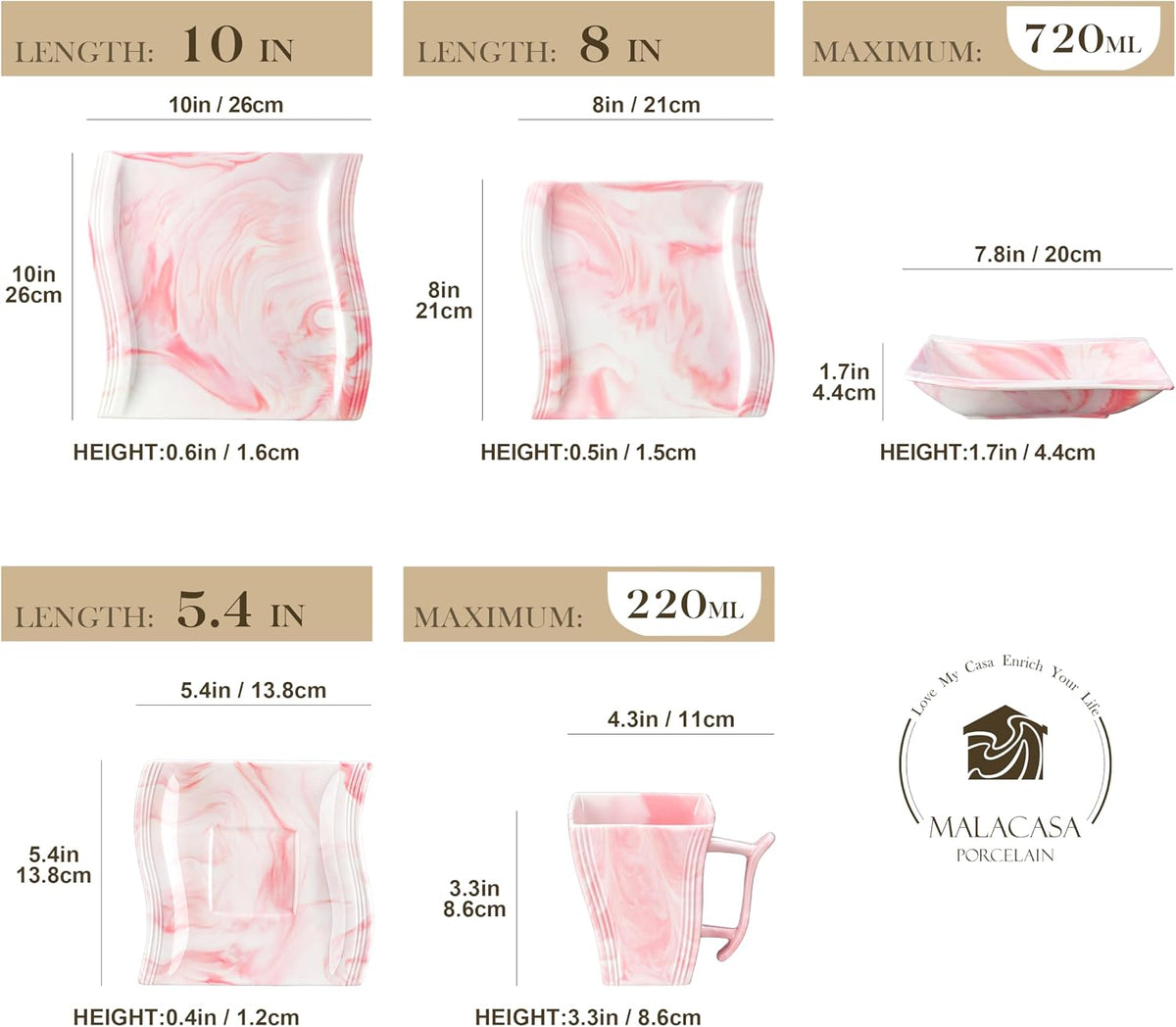 Dinnerware Sets, 30-Piece Pink Plates and Bowls Sets for 6, Porcelain Dinnerware Set with Plates and Bowls, Cups and Sacuers, Square Dish Set, Modern Dining Ware Set, Series Flora