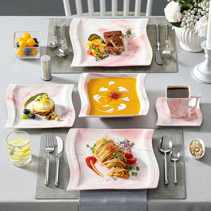 Dinnerware Sets, 30-Piece Pink Plates and Bowls Sets for 6, Porcelain Dinnerware Set with Plates and Bowls, Cups and Sacuers, Square Dish Set, Modern Dining Ware Set, Series Flora
