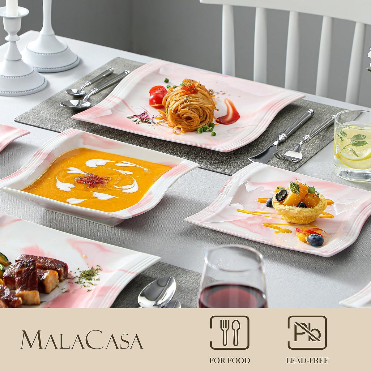 Dinnerware Sets, 30-Piece Pink Plates and Bowls Sets for 6, Porcelain Dinnerware Set with Plates and Bowls, Cups and Sacuers, Square Dish Set, Modern Dining Ware Set, Series Flora