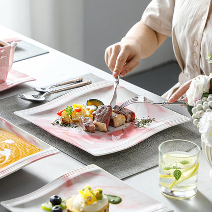 Dinnerware Sets, 30-Piece Pink Plates and Bowls Sets for 6, Porcelain Dinnerware Set with Plates and Bowls, Cups and Sacuers, Square Dish Set, Modern Dining Ware Set, Series Flora