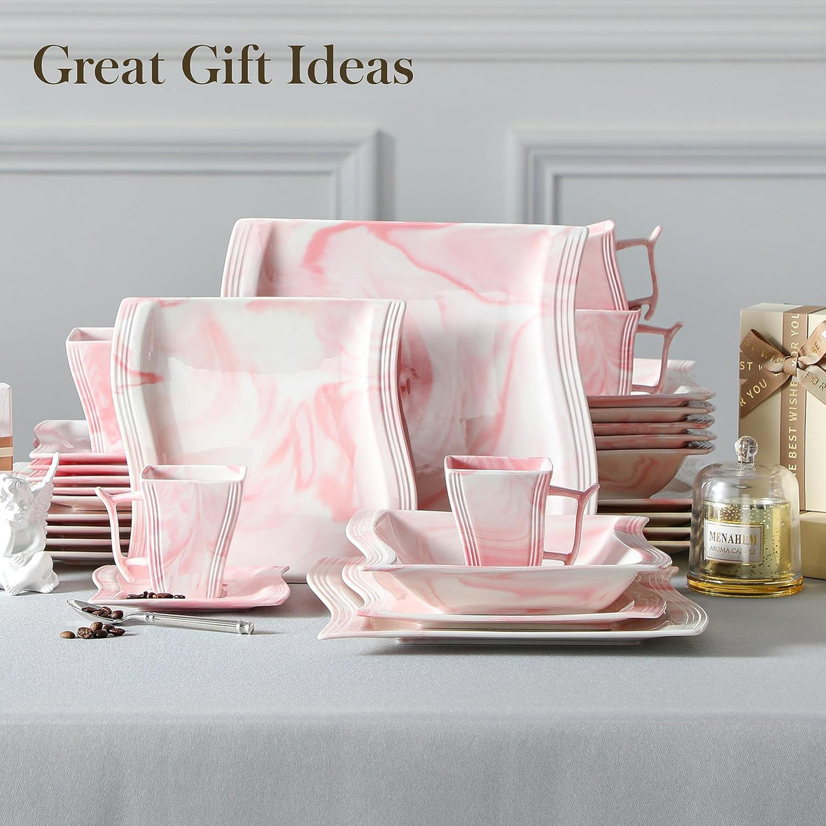 Dinnerware Sets, 30-Piece Pink Plates and Bowls Sets for 6, Porcelain Dinnerware Set with Plates and Bowls, Cups and Sacuers, Square Dish Set, Modern Dining Ware Set, Series Flora