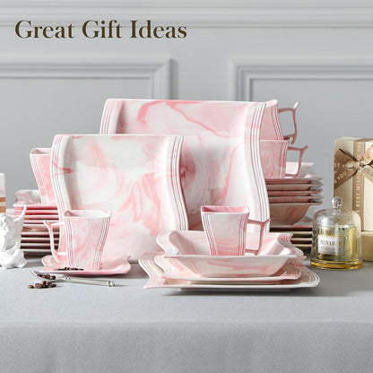 Dinnerware Sets, 30-Piece Pink Plates and Bowls Sets for 6, Porcelain Dinnerware Set with Plates and Bowls, Cups and Sacuers, Square Dish Set, Modern Dining Ware Set, Series Flora
