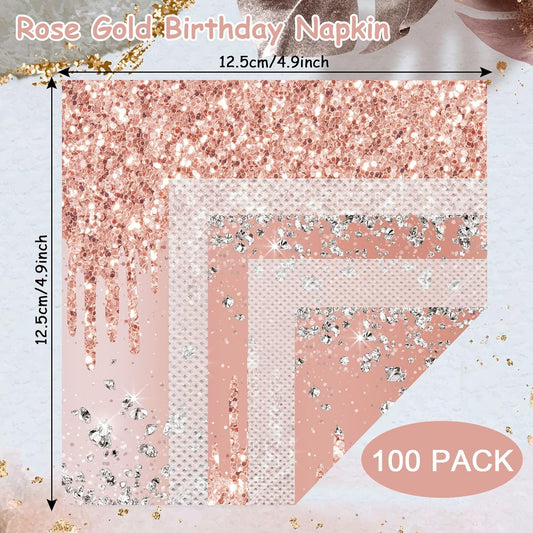 ZOIIWA 100 Pieces Rose Gold Birthday Napkins Pink Party Decorations Disposable Paper Napkins for Girls Women Sweet Diamond Theme Anniversary Wedding Baby Shower Favors Supplies