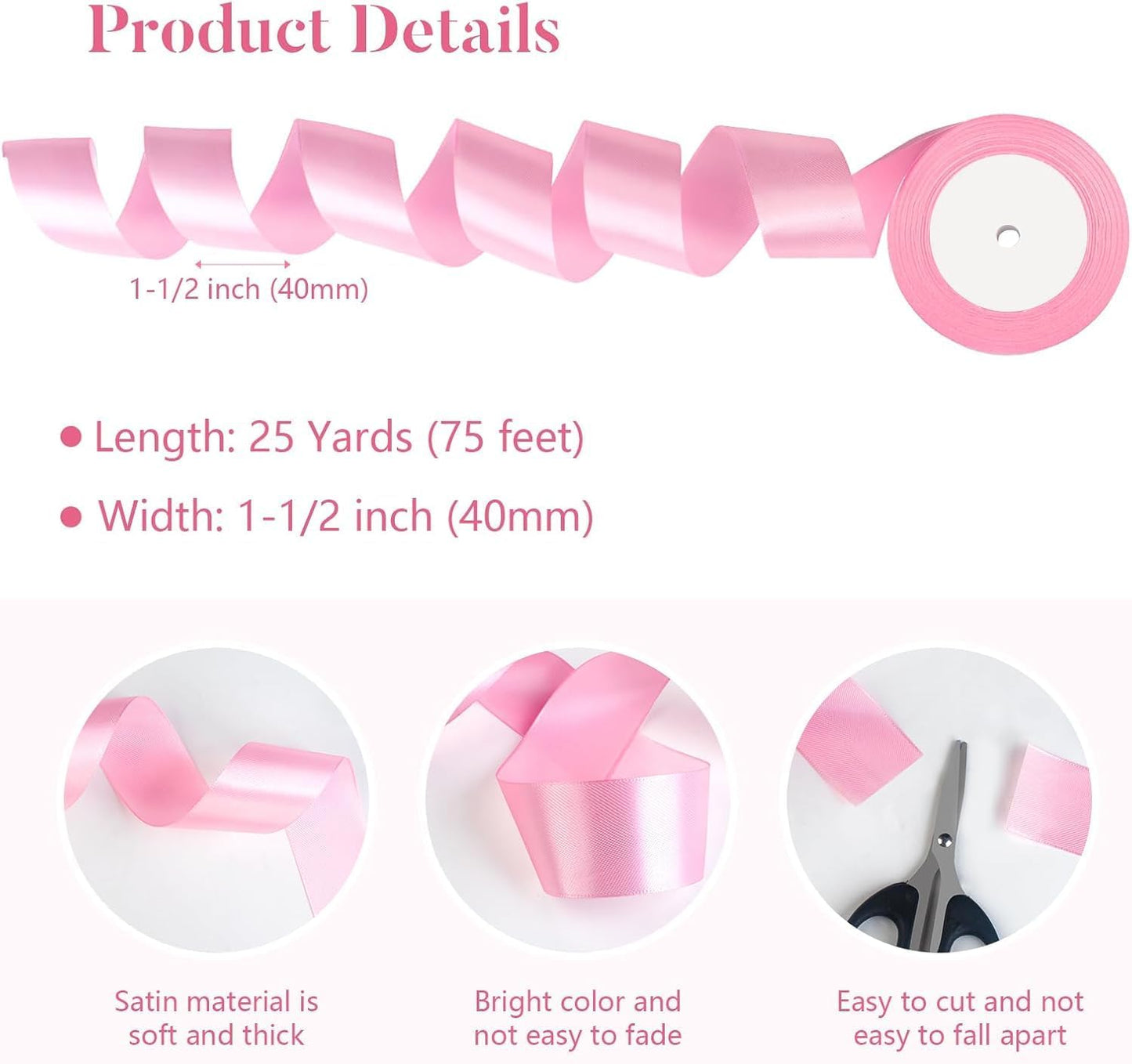 Pink Satin Ribbon 1-1/2 Inch x 2 Rolls Pink Wide Satin Fabric Ribbon for Gift Packaging, Christmas, Wedding, Flower Bouquet, Holiday Party, Invitation, Total 50 Yards