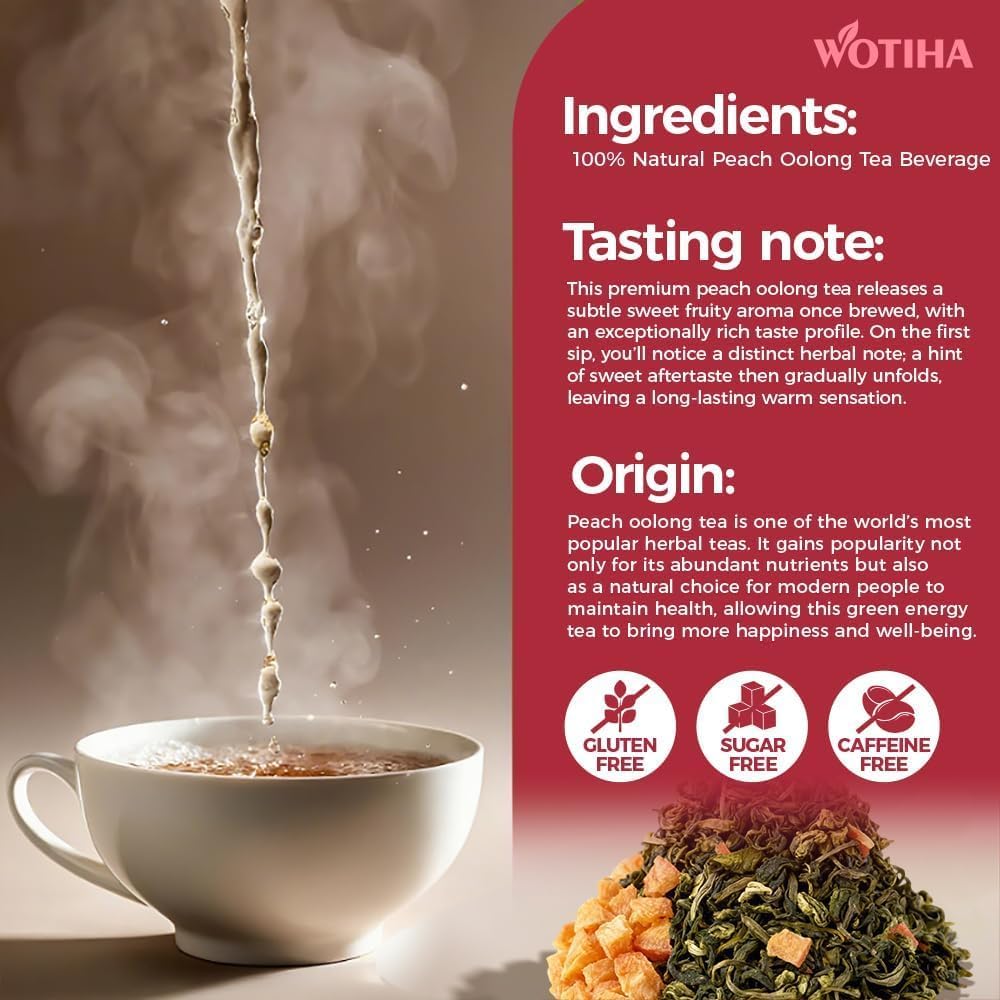 40 Count Premium White Peach Oolong Tea Bags - 100% Natural, Fresh Sweet Peach Flavor, Aromatic Oolong Taste, Caffeinated, Additive-Free, Sugar-Free, Vegan
