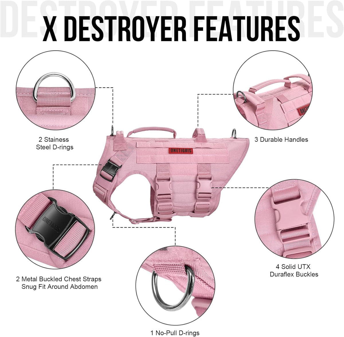 Large Tactical Dog Harness No Pull Handle S Pink