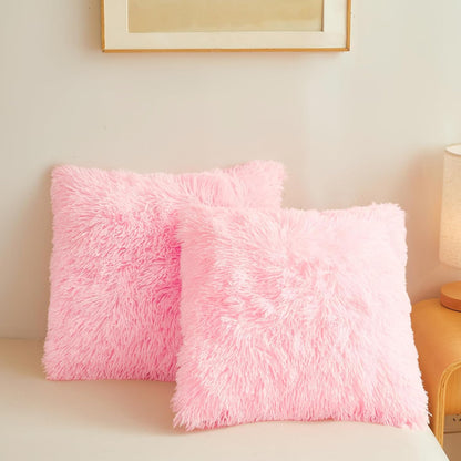 Fluffy Pink Throw Pillow Cover Ultra Soft Fuzzy Plush Throw Pillow Cases with Furry Texture and Shaggy Touch, Faux Fur Cushion Shams for Sofa or Bed, Set of 2 with Zipper 18"x18"