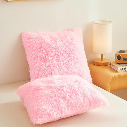 Fluffy Pink Throw Pillow Cover Ultra Soft Fuzzy Plush Throw Pillow Cases with Furry Texture and Shaggy Touch, Faux Fur Cushion Shams for Sofa or Bed, Set of 2 with Zipper 18"x18"