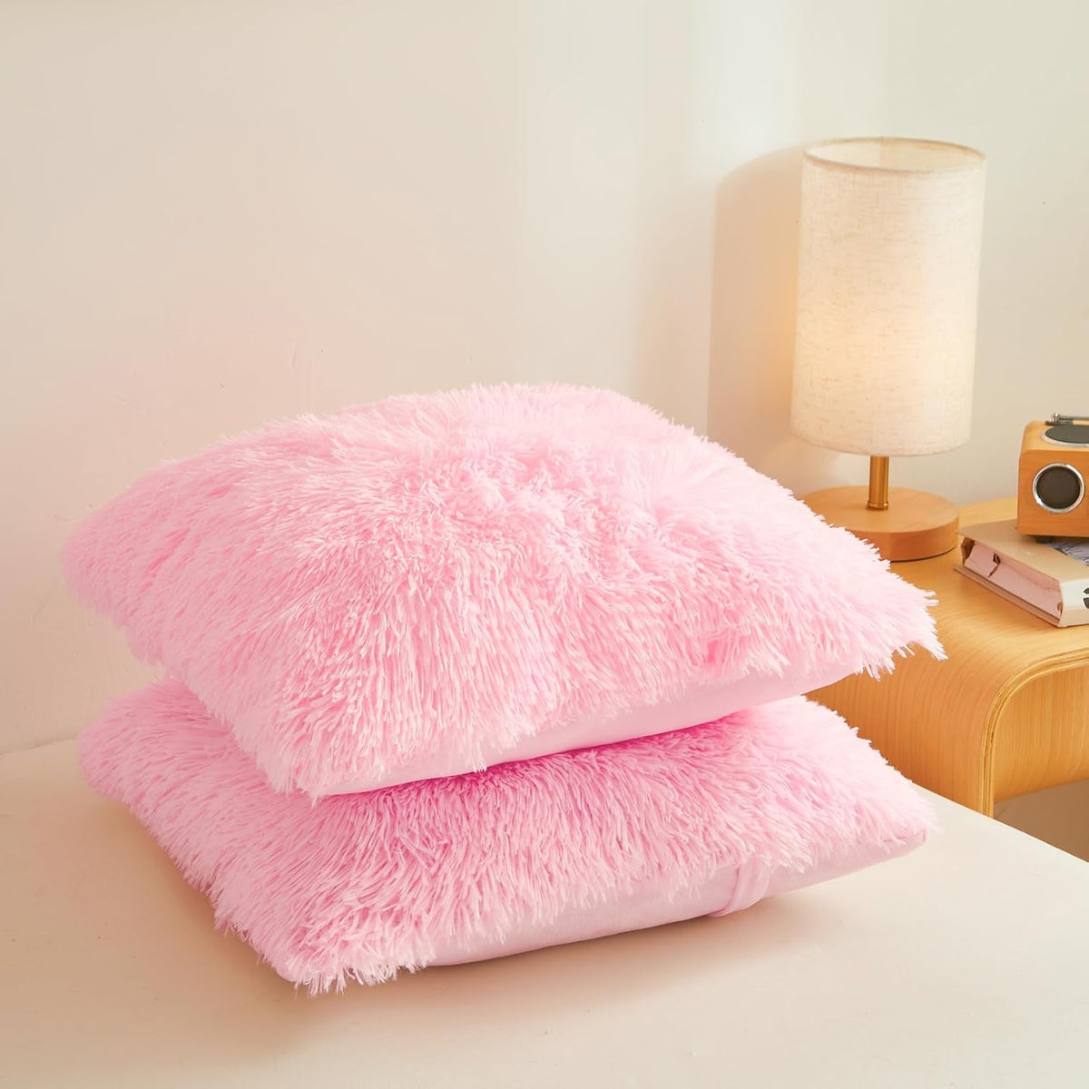 Fluffy Pink Throw Pillow Cover Ultra Soft Fuzzy Plush Throw Pillow Cases with Furry Texture and Shaggy Touch, Faux Fur Cushion Shams for Sofa or Bed, Set of 2 with Zipper 18"x18"