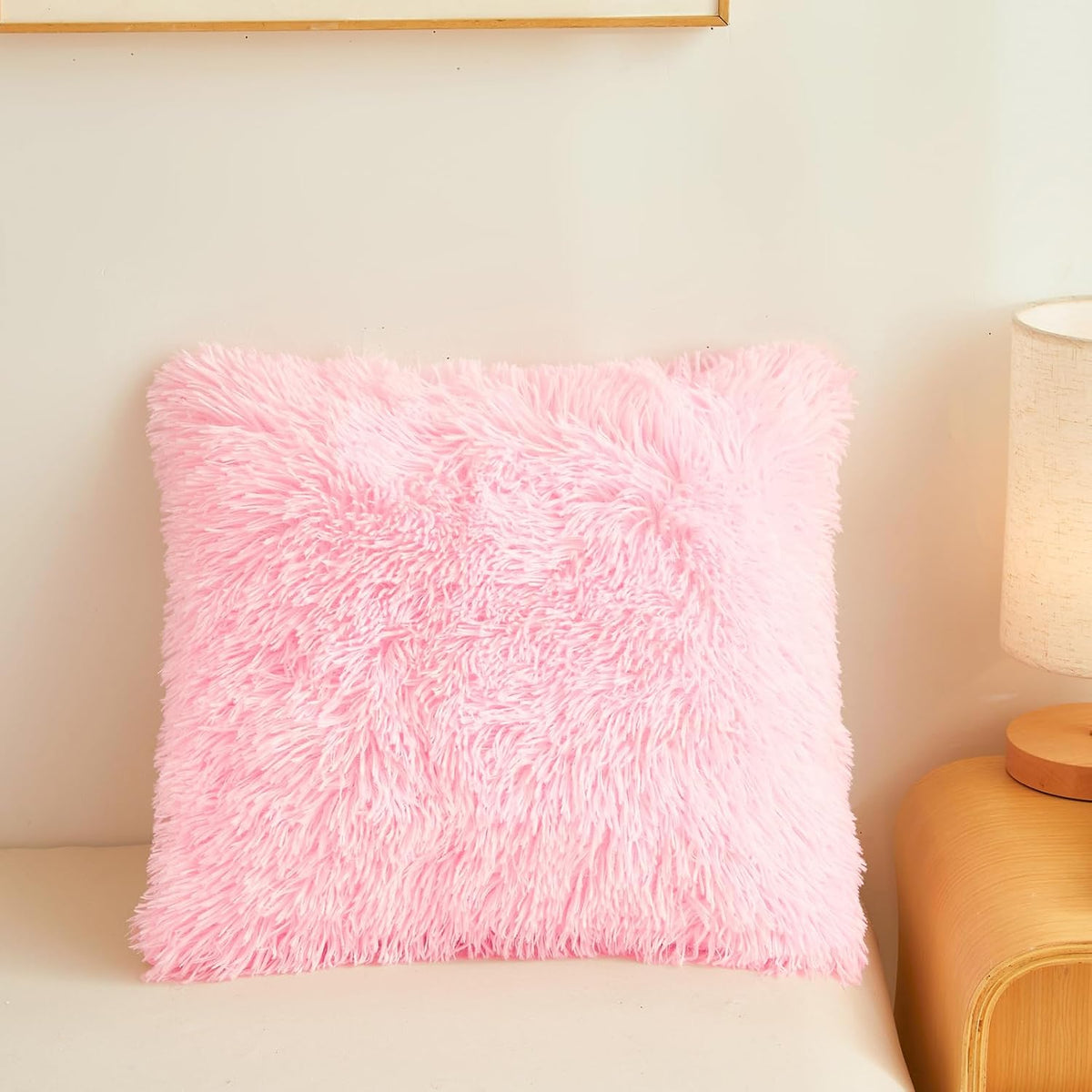 Fluffy Pink Throw Pillow Cover Ultra Soft Fuzzy Plush Throw Pillow Cases with Furry Texture and Shaggy Touch, Faux Fur Cushion Shams for Sofa or Bed, Set of 2 with Zipper 18"x18"