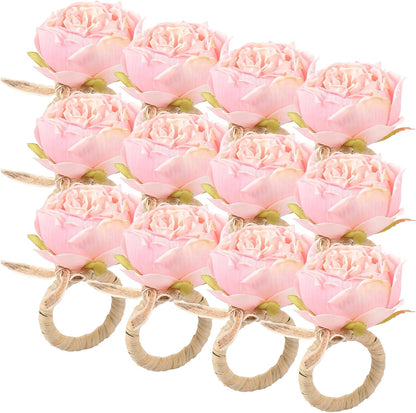 12 Pcs Pink Flower Napkin Rings Handcraft Flower Handmade Napkin Holder Rings Table Decorations, Champagne Rose Napkin Holder for Spring Wedding Banquet Luncheons Birthday Party