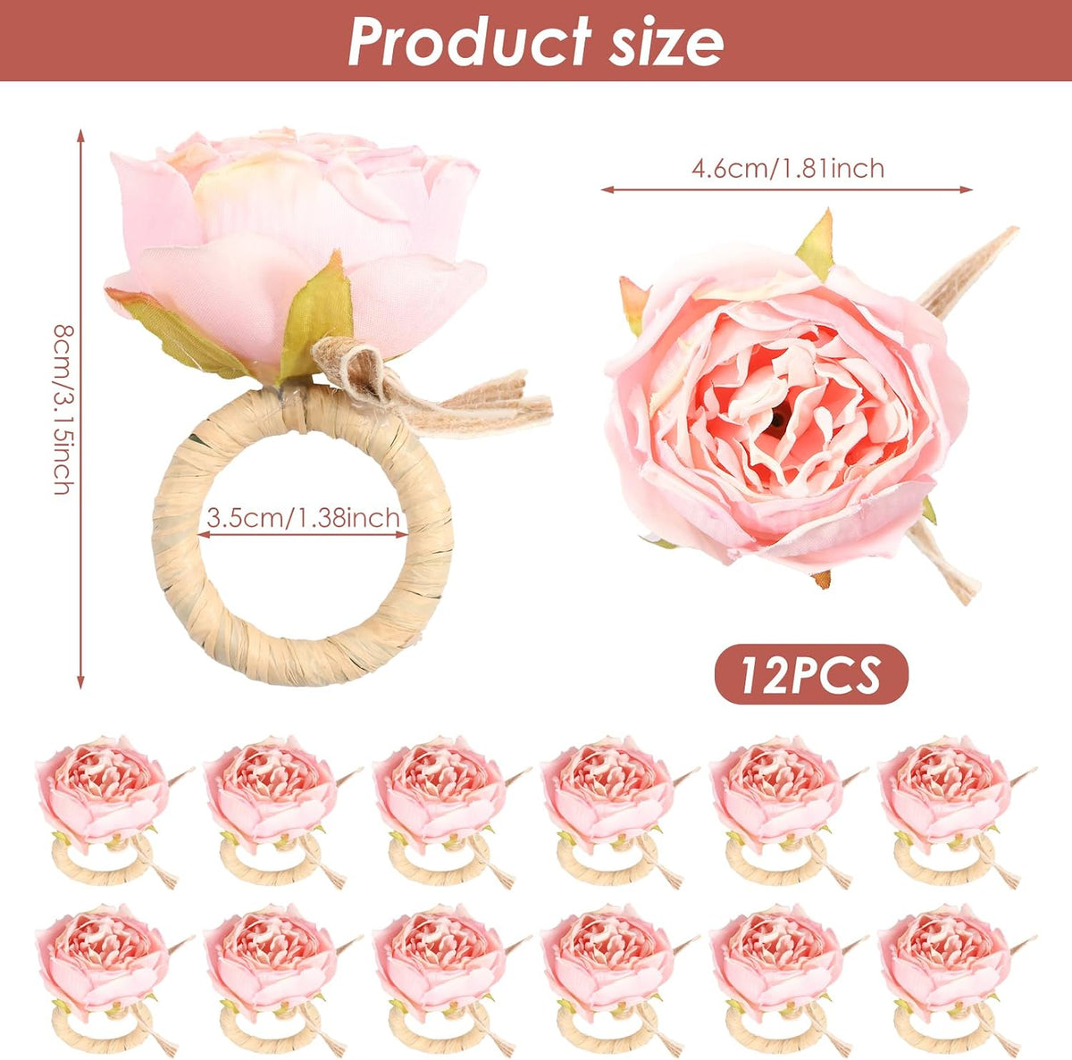 12 Pcs Pink Flower Napkin Rings Handcraft Flower Handmade Napkin Holder Rings Table Decorations, Champagne Rose Napkin Holder for Spring Wedding Banquet Luncheons Birthday Party