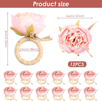 12 Pcs Pink Flower Napkin Rings Handcraft Flower Handmade Napkin Holder Rings Table Decorations, Champagne Rose Napkin Holder for Spring Wedding Banquet Luncheons Birthday Party