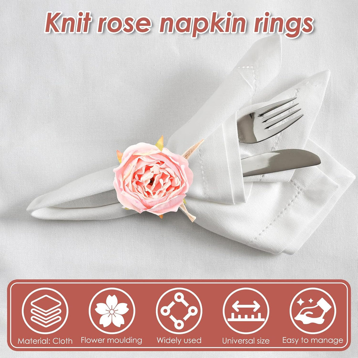 12 Pcs Pink Flower Napkin Rings Handcraft Flower Handmade Napkin Holder Rings Table Decorations, Champagne Rose Napkin Holder for Spring Wedding Banquet Luncheons Birthday Party