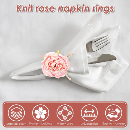 12 Pcs Pink Flower Napkin Rings Handcraft Flower Handmade Napkin Holder Rings Table Decorations, Champagne Rose Napkin Holder for Spring Wedding Banquet Luncheons Birthday Party