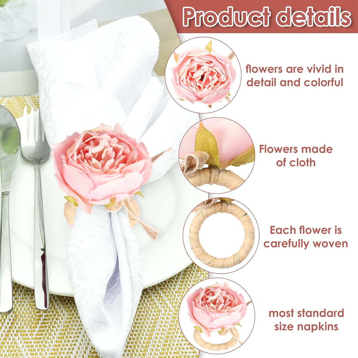 12 Pcs Pink Flower Napkin Rings Handcraft Flower Handmade Napkin Holder Rings Table Decorations, Champagne Rose Napkin Holder for Spring Wedding Banquet Luncheons Birthday Party