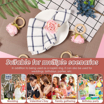 12 Pcs Pink Flower Napkin Rings Handcraft Flower Handmade Napkin Holder Rings Table Decorations, Champagne Rose Napkin Holder for Spring Wedding Banquet Luncheons Birthday Party