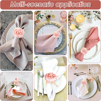 12 Pcs Pink Flower Napkin Rings Handcraft Flower Handmade Napkin Holder Rings Table Decorations, Champagne Rose Napkin Holder for Spring Wedding Banquet Luncheons Birthday Party