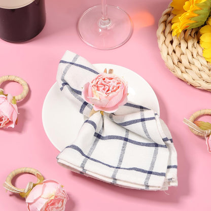 12 Pcs Pink Flower Napkin Rings Handcraft Flower Handmade Napkin Holder Rings Table Decorations, Champagne Rose Napkin Holder for Spring Wedding Banquet Luncheons Birthday Party