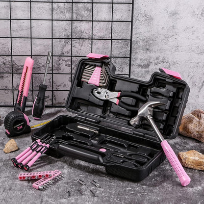 39 Piece All Purpose Basic Household Pink Tool Kit for Women - Small Tool Set with Toolbox Great for Home, Garage, Office and College Dormitory Use
