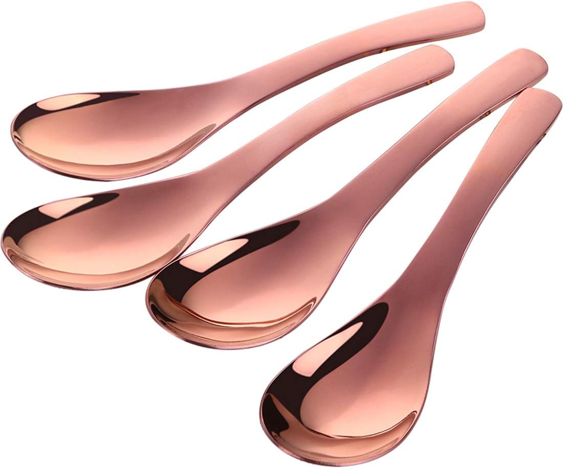 Thick Heavy Duty Soup Spoons, Set of 4, Stainless Steel Polished Asian Rice Table Spoon,Dishwasher Safe (Rose Gold)