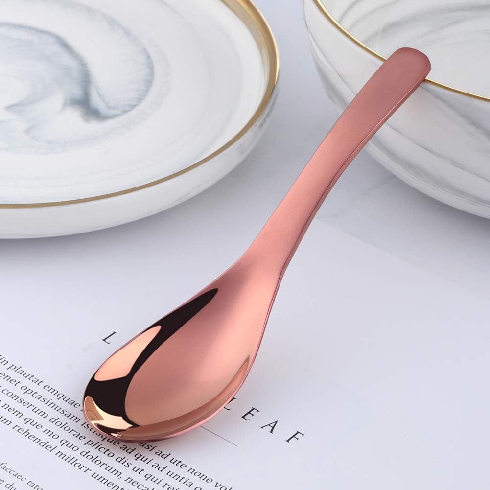 Thick Heavy Duty Soup Spoons, Set of 4, Stainless Steel Polished Asian Rice Table Spoon,Dishwasher Safe (Rose Gold)