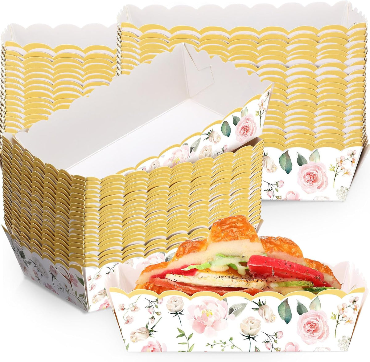 48 Pcs Pink Floral Paper Food Trays Flower Nacho Boat Trays Disposable Snack Holder for Spring Birthday Tea Party Baby Shower Bridal Wedding Supplies