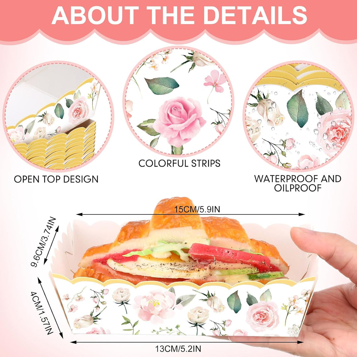 48 Pcs Pink Floral Paper Food Trays Flower Nacho Boat Trays Disposable Snack Holder for Spring Birthday Tea Party Baby Shower Bridal Wedding Supplies