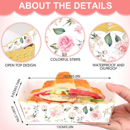 48 Pcs Pink Floral Paper Food Trays Flower Nacho Boat Trays Disposable Snack Holder for Spring Birthday Tea Party Baby Shower Bridal Wedding Supplies