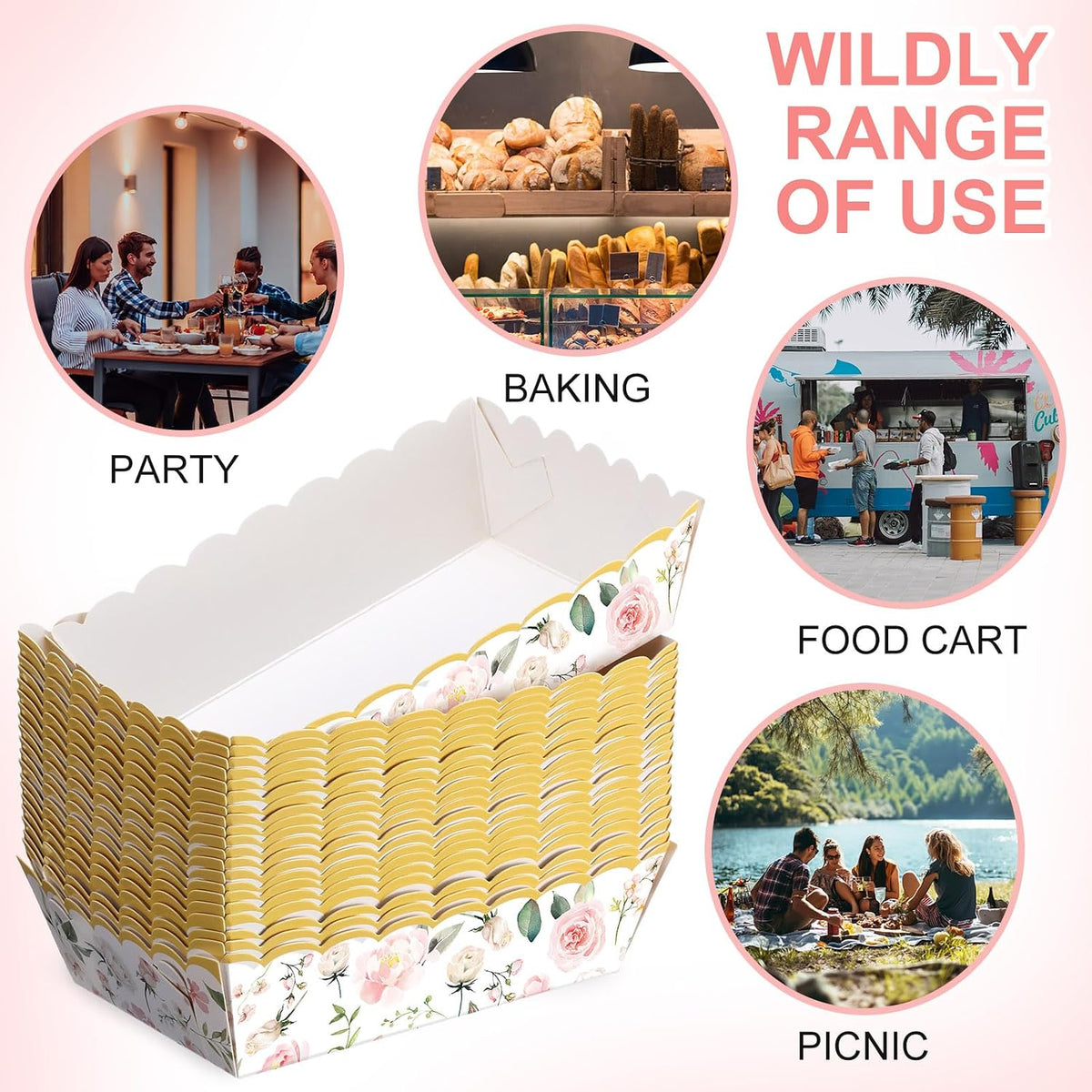 48 Pcs Pink Floral Paper Food Trays Flower Nacho Boat Trays Disposable Snack Holder for Spring Birthday Tea Party Baby Shower Bridal Wedding Supplies