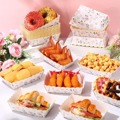 48 Pcs Pink Floral Paper Food Trays Flower Nacho Boat Trays Disposable Snack Holder for Spring Birthday Tea Party Baby Shower Bridal Wedding Supplies
