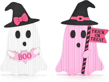 Pink Halloween Decor, Set of 2 Cute Halloween Ghost Decor, Witch Hat Boo & Trick or Treat Wooden Tabletop Signs for Home, Shelf, Tiered Tray Party Display, 5 Inch