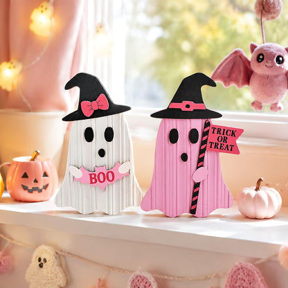 Pink Halloween Decor, Set of 2 Cute Halloween Ghost Decor, Witch Hat Boo & Trick or Treat Wooden Tabletop Signs for Home, Shelf, Tiered Tray Party Display, 5 Inch