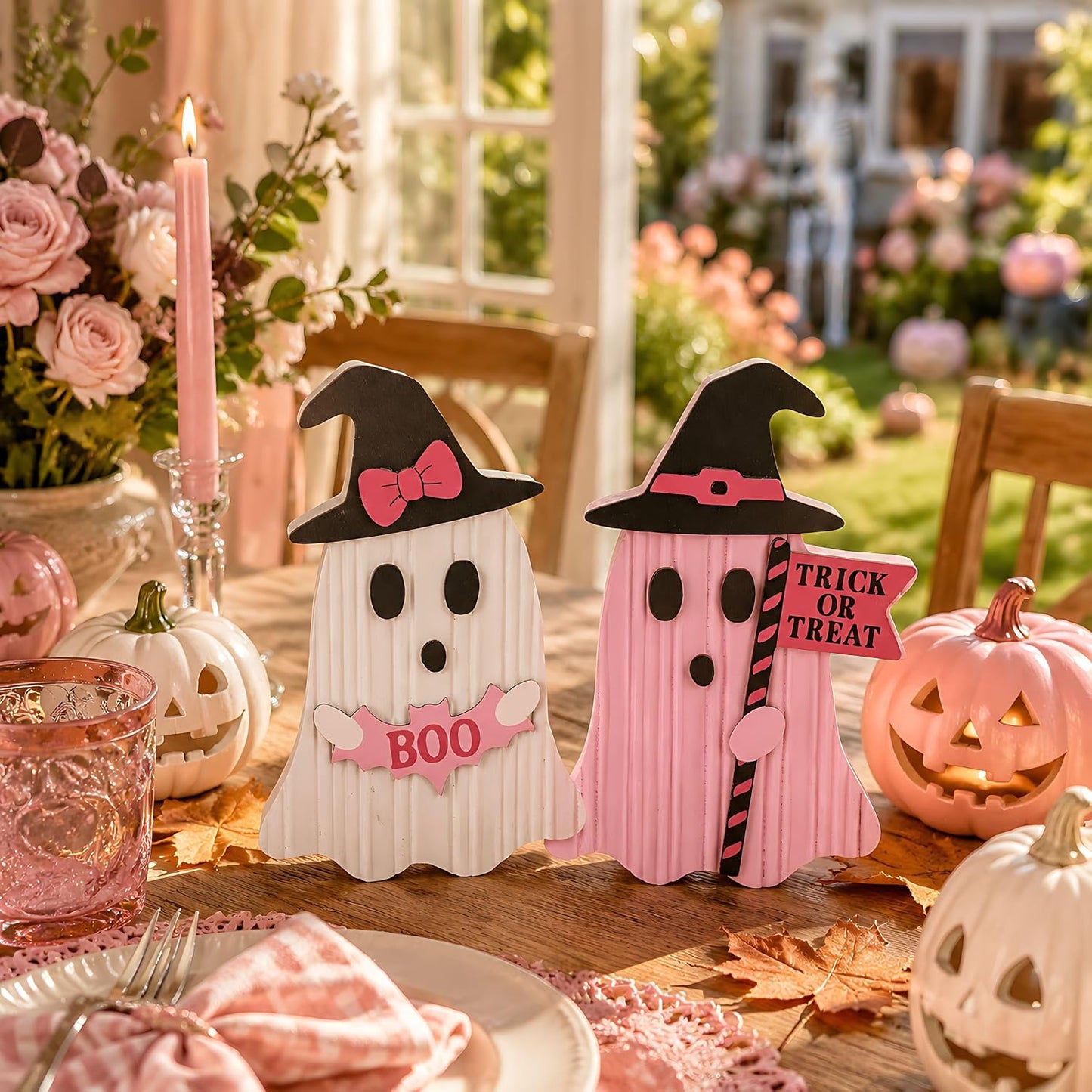 Pink Halloween Decor, Set of 2 Cute Halloween Ghost Decor, Witch Hat Boo & Trick or Treat Wooden Tabletop Signs for Home, Shelf, Tiered Tray Party Display, 5 Inch