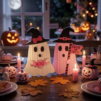 Pink Halloween Decor, Set of 2 Cute Halloween Ghost Decor, Witch Hat Boo & Trick or Treat Wooden Tabletop Signs for Home, Shelf, Tiered Tray Party Display, 5 Inch