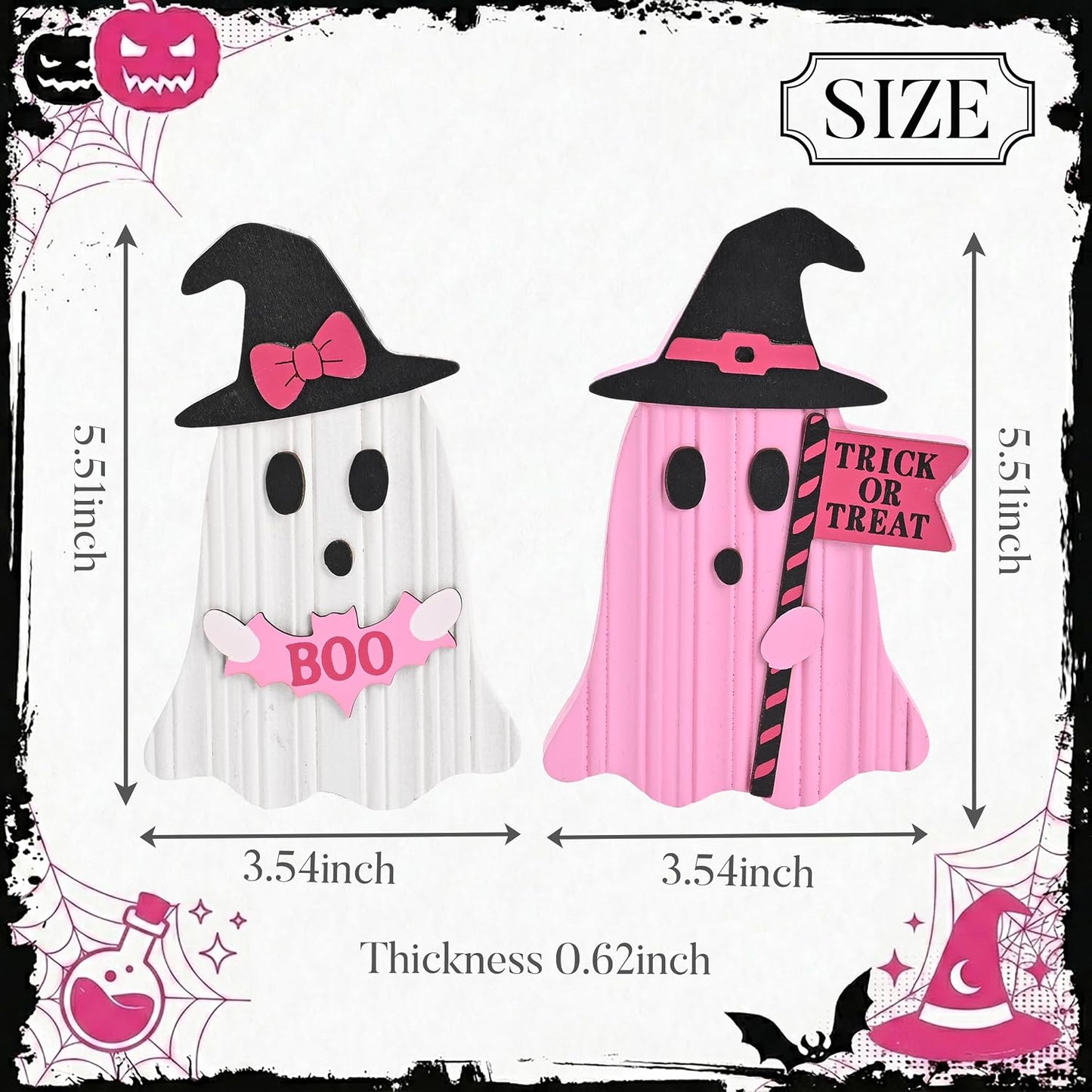 Pink Halloween Decor, Set of 2 Cute Halloween Ghost Decor, Witch Hat Boo & Trick or Treat Wooden Tabletop Signs for Home, Shelf, Tiered Tray Party Display, 5 Inch