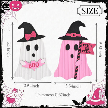 Pink Halloween Decor, Set of 2 Cute Halloween Ghost Decor, Witch Hat Boo & Trick or Treat Wooden Tabletop Signs for Home, Shelf, Tiered Tray Party Display, 5 Inch