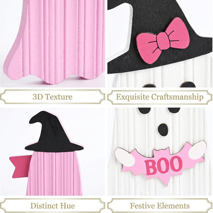 Pink Halloween Decor, Set of 2 Cute Halloween Ghost Decor, Witch Hat Boo & Trick or Treat Wooden Tabletop Signs for Home, Shelf, Tiered Tray Party Display, 5 Inch