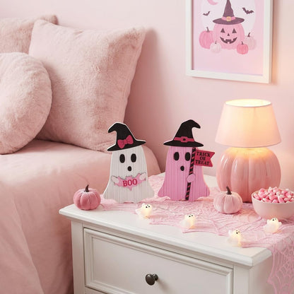 Pink Halloween Decor, Set of 2 Cute Halloween Ghost Decor, Witch Hat Boo & Trick or Treat Wooden Tabletop Signs for Home, Shelf, Tiered Tray Party Display, 5 Inch