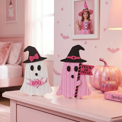 Pink Halloween Decor, Set of 2 Cute Halloween Ghost Decor, Witch Hat Boo & Trick or Treat Wooden Tabletop Signs for Home, Shelf, Tiered Tray Party Display, 5 Inch